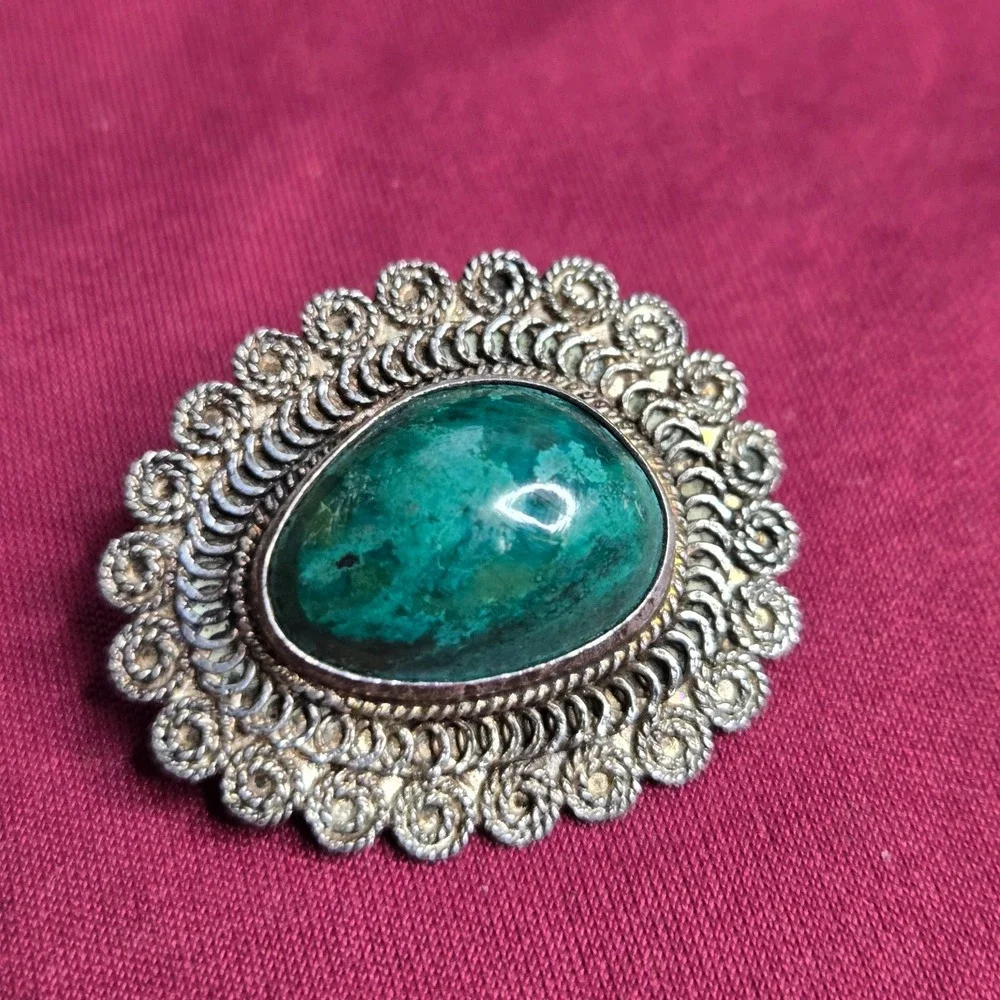 Vintage 925 Sterling Silver Filigree Malachite Cabochon Brooch Pin & Pendant 5G